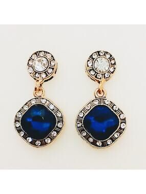 Drop Earrings Blue/Clear Rhinestones Round & Diamond Shapes Gold Tone Posts
